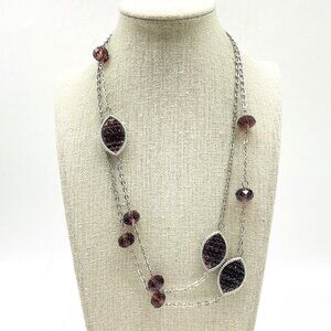 Vintage Silver Tone Necklace Dark Red Bead Station